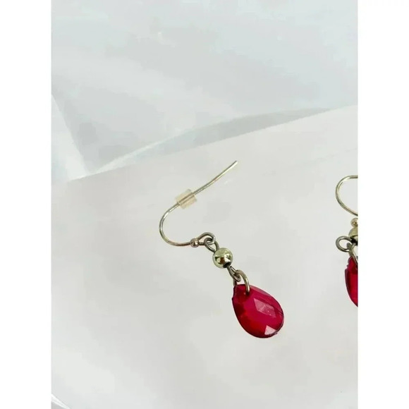 Gold Toned & Red Teardrop Gemstone Vintage Dangle Earrings - Picture 6 of 7